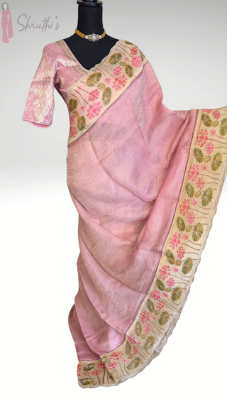 pink handloom crushed tissue silk saree with pichwai embroidery border and stitched blouse reception partywear saree
