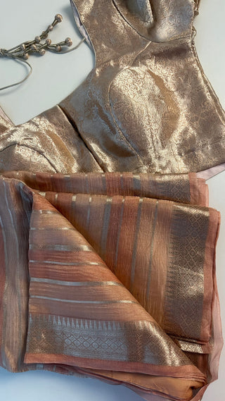 Elegant pink Banaras tissue silk saree with pure zari detailing, lined blouse, and fall pico done.