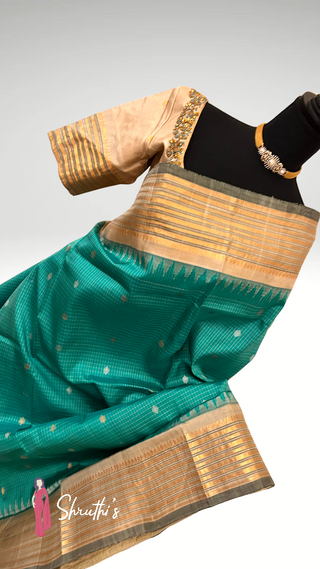 Pure Gadwal silk saree green to beige gold zari with hand embroidery Indian bridal saree online USA