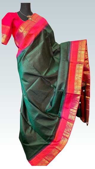 Elegant bridal Kanjivaram saree in double shade with rich zari motifs