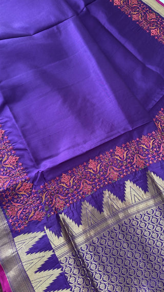 Elegant purple silk saree with intricate golden thread embroidery and comfortable stitched blouse, made from premium kanjivaram silk