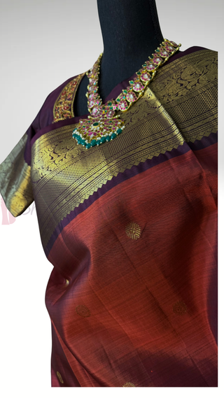 Rust brown Kanjivaram saree with blouse for wedding reception and festive occasions
