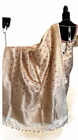 Elegant white Tussar silk saree with gold zari work and prestitched blouse