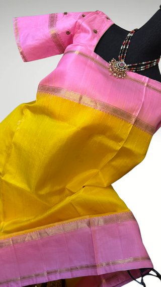 Yellow pink handloom soft silk saree with antique tissue zari suitable for partywear and weddings