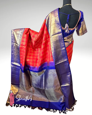 Pure Silk Kanchi Pattu Saree with Checked Pattern – Ready to Wear Indian Saree in USA