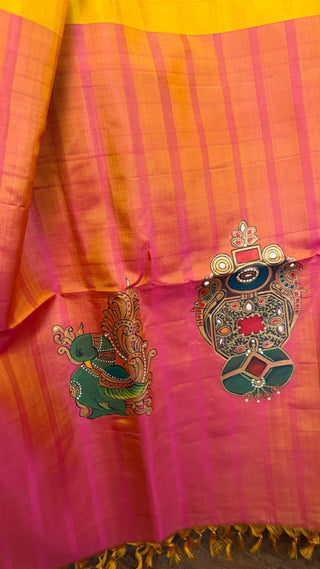 Exclusive Tanjore hand painted pure silk kanchi pattu saree available online in USA