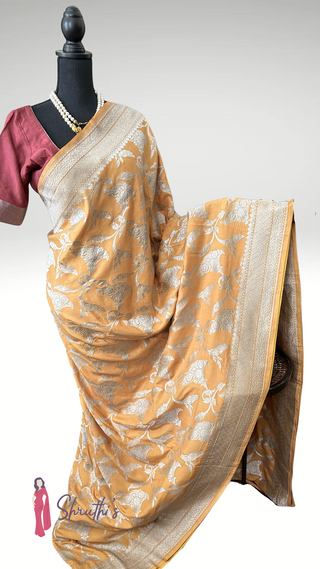 Mustard Banarasi georgette pure silk saree with silver zari work, lightweight partywear with pre-stitched blouse – USA online shopping.