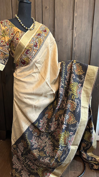 Pen Kalamkari hand painted embroidered  tussar saree online usa with stitched blouse