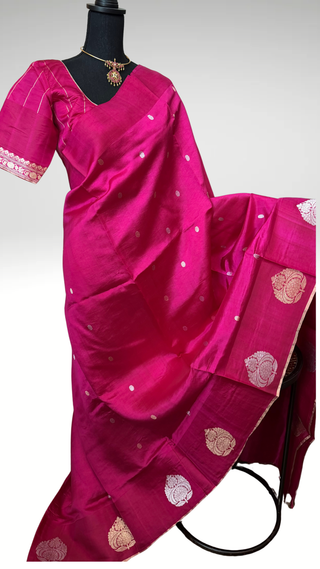 Pink Handloom Banaras raw mango silk Pure Silk Saree with Gold Zari Border – Ready to Wear Online USA