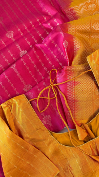Pure soft silk Pink yellow gold silk saree online usa Pastel soft silk saree usa with pure zari blouse