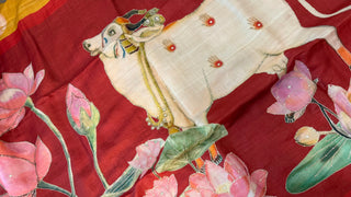 Handwoven Tussar painted pichwai one of kind print tussar silk saree  online and prestitched blouse