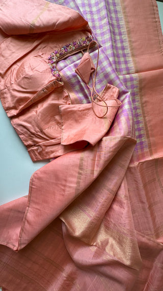 Pastel pure kanjivaram  silk checks saree with hand embroidered blouse