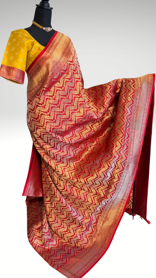 Red Benerasi Handloom silk saree Katan silk saree bandhej pallu Partywear Diwali online shopping with prestitched blouse