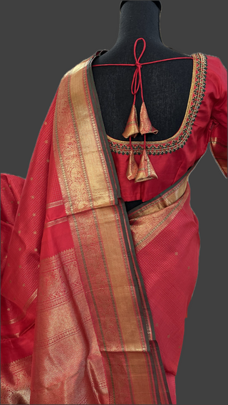 Pure kanchi red small checks butta kanjivaram silk saree with prestitched blouse
