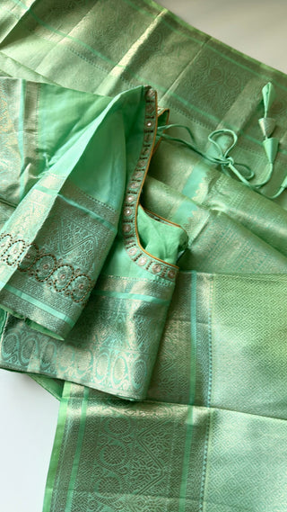 Brocade kanjivaram pastel spring green gold zari with stitched blouse traditional kanchi pattusaree saree Indian wedding