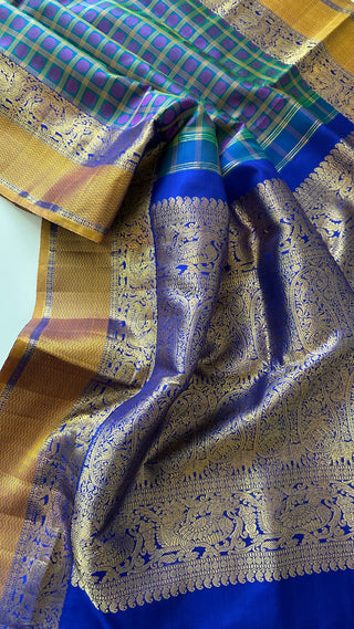 Traditional ayiram butta kanchi pattu saree Brocade pure kanchi BRIDAL peacock blue double color mayil kanchi pattu saree online usa