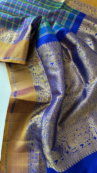 Traditional ayiram butta kanchi pattu saree Brocade pure kanchi BRIDAL peacock blue double color mayil kanchi pattu saree online usa