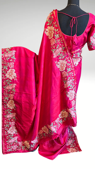 Partywear Easy drape Pink soft silk pure embroidered silk handwoven blouse border