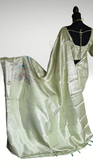 Brocade pastel green handloom  printed weave silver zari pure silk one of a kind easy drape saree