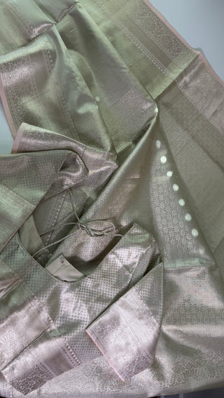 Handloom Kanjivaram silver tissue pure  kanchi pattu saree pastel pink online shopping with prestitched blouse usa