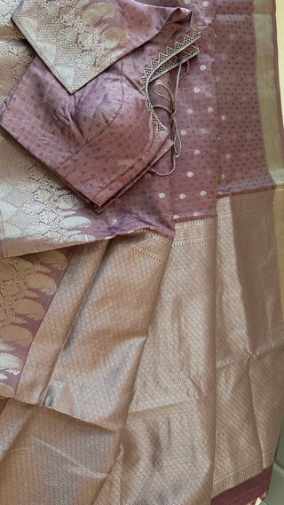 Mauve silver kanchi pure zari  kanchi pattu saree fine weave kanchi pattu bridal
