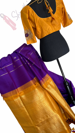 Borderless Handloom silk Pure Purple gold kanchi pattu saree with embroidered blouse