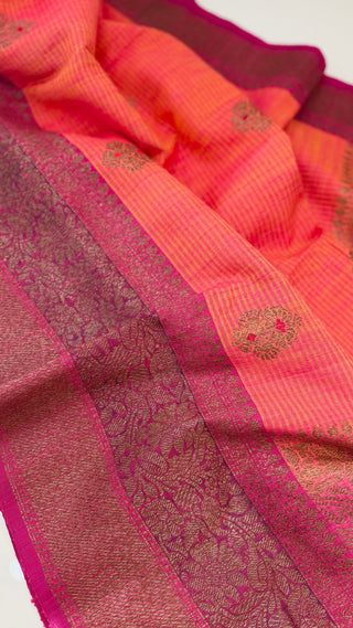 Orange Tussar Beneras Katan saree with prestitched blouse