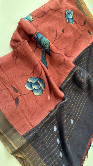Salmon saree tussar Partywear hand painted  silk saree online gold zari borders with blouse