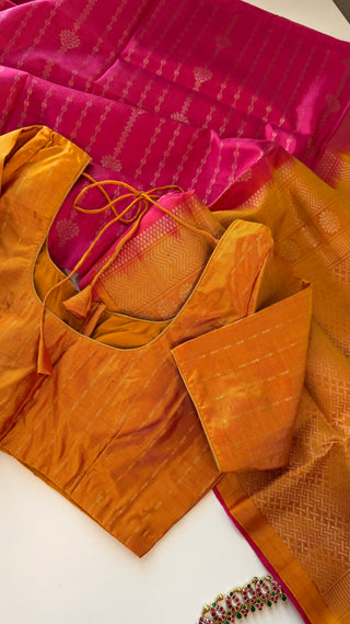 Pure soft silk Pink yellow gold silk saree online usa Pastel soft silk saree usa with pure zari blouse