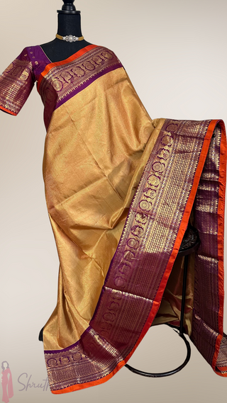 Gold Gadwal handwoven silk saree with stitched blouse online ready to ship USA