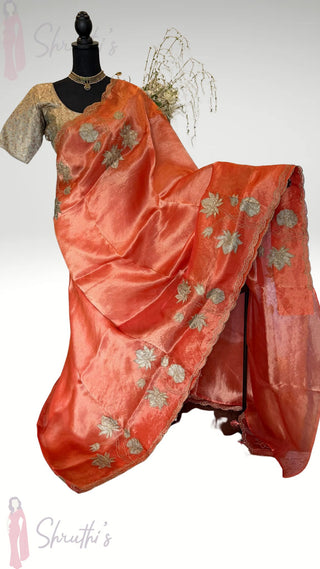 Pure Tissue Red pure silk saree stitched blouse brocade silk ready to wear altered to fit  online USA