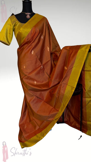 Tanjore Gold leaf printing Hand painted handloomsaree Rust Gold Kanchi pattu yellow saree with gold pallu easy drape pure silk saree usa