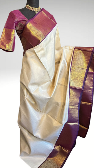 Ven pattu saree White Cream and purple pure zari kanjivaram silk saree with prestitched blouse embroidered blouse