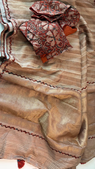 Tussar handloom silk with cut work kalamkari embroidered border saree online shopping with prestitched blouse