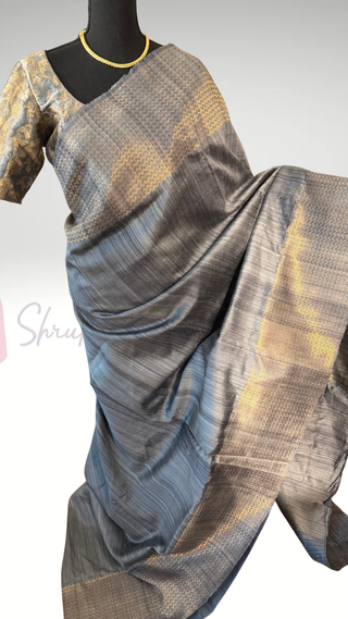 Handloom  pure Jute Silk Saree Grey pure silk saree raw silk finish with hand painted kalamkari stitched blouse Partywear pooja wear ready to ship Saree USA