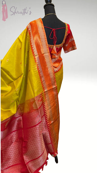 Pure Mehandi Green / Red Tissue Gold Gadwal with stitched blouse Embroidered silk  saree pure zari  gold zari silk saree