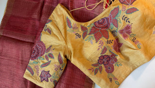 Salmon pink saree Handloom silk Tussar with embroidery silk blouses zari borders and fine checks Partywear bridesmaids