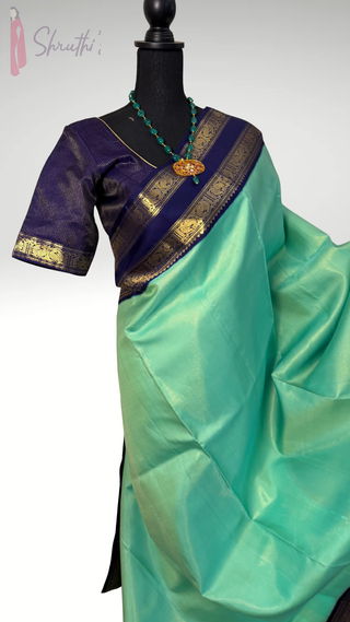 Turquiose Green Gold zari pure traditional pure kanchi pattu saree handwoven vaira oosi kanchi pattu saree fine weave kanchi pattu bridal