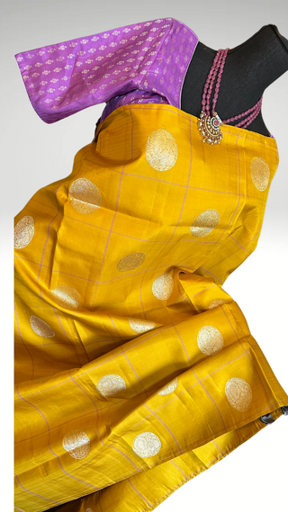 Yellow Lavender pure handwoven kanchi pattu saree with blouse