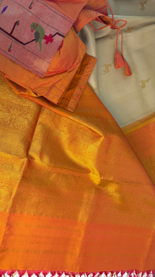 Bridal cream ven pattu saree orange pure zari kanjivaram silk saree with stitched blouse