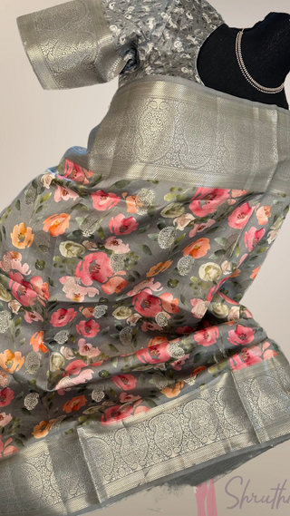Printed Grey floral chinya  silk sarees with stitched blouse