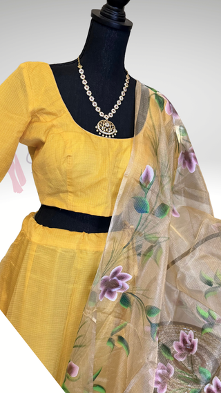 Canary yellow tissue pure zari Kota lehenga with stitched blouse hand painted tissue Kota dupatta