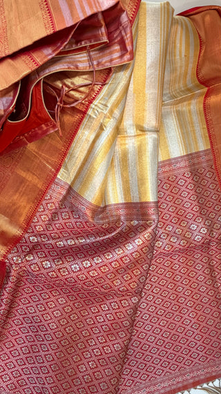 Gold Tissue red border Kanjivaram kalyana pattu ven pattu pure zari Pellicheera beige silk saree bridal with stitched hand embroidered blouse design USA Ratnamala vintage gold saree