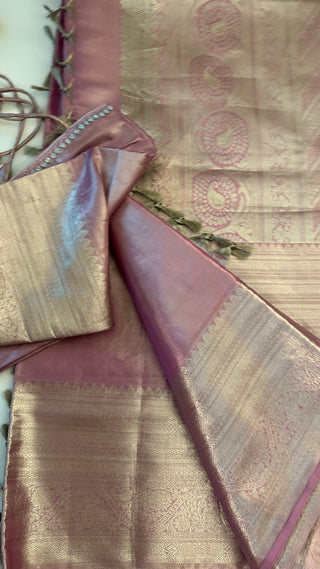 Pure Silver zari Tissue Kanchi Pattu saree with stitched blouse online shopping usa pastel silver zari kanjivaram