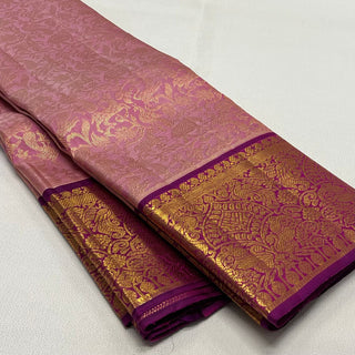 Pure Handloom Authentic Kanjivaram Pastel Pink Vanasingaram brocade silk saree gold zari online stitched blouse embroidered blouse  one of a kind elegant easy drape  silk saree online shopping ships from USA