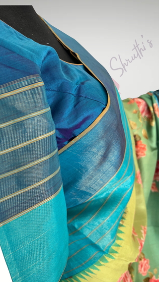 Printed floral pure Kanchi pattu fusion saree with gold tissue  zari pallu easy drape pure silk saree usa