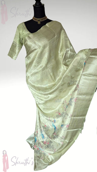 Brocade pastel green handloom  printed weave silver zari pure silk one of a kind easy drape saree