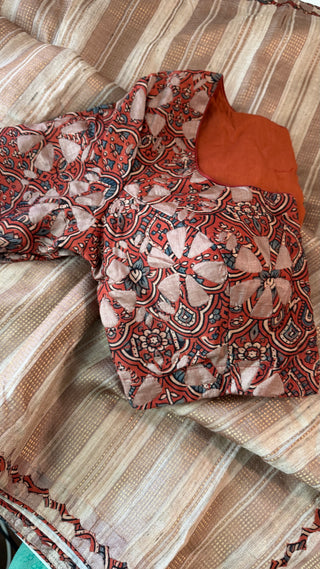 Tussar handloom silk with cut work kalamkari embroidered border saree online shopping with prestitched blouse