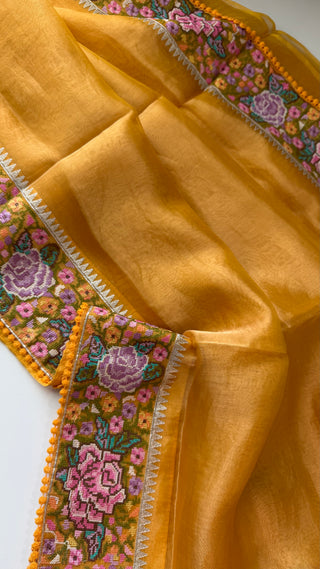 Pure Tissue Beneras yellow handwoven pure silk saree stitched blouse saree readymade online USA