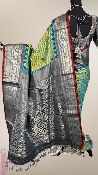 Green checks Gadwal handwoven silk saree with stitched blouse